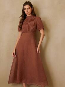 Revavyn Elegante vestido de manga larga para mujeres con cuello redondo, frente plisado, cintura ceñida y bajo acampanado, con sensación de lino, ideal para ir al trabajo y de vacaciones - Óxido marrón - Ver 4