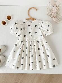 Cozy Pixies Baby Girl Round Neck Puff Sleeve Waist Tie Casual Comfortable Dress - Multicolor - View 2