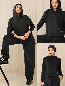 GLOWMODE X Reem Modest Breezy Days Silky-Smooth Breathable Overlapping Hood Relaxed Fit Hoodie Daily Casual Street Wear - Black - View 7