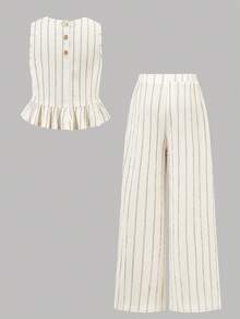 Firerie Kids Tween Girls' Casual Striped Sleeveless Top And Straight Leg Pants Set, Apricot - Apricot - View 5