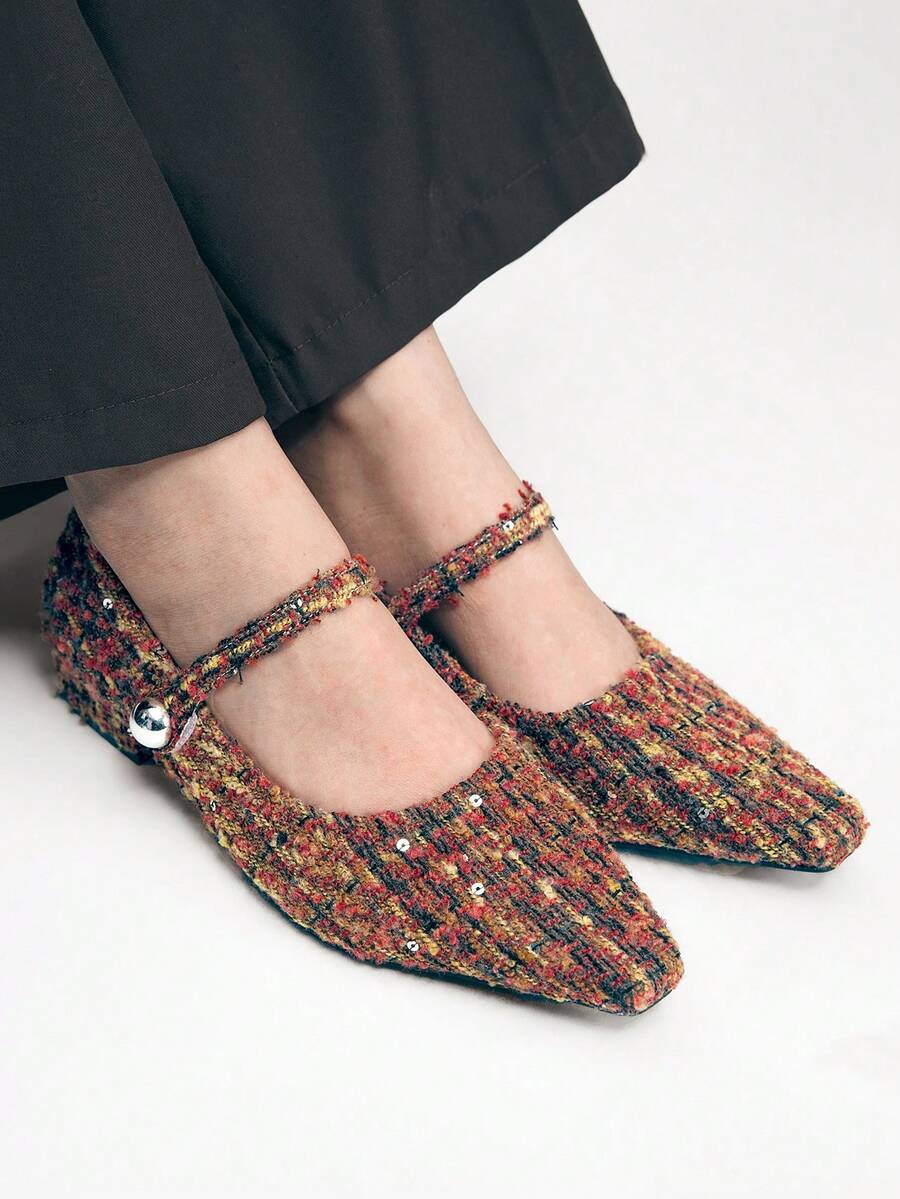 Mnmlis Giày Mary Jane bằng len đơn giản, thời trang, gót thấp, mũi nhọn, kiểu Pháp, dành cho nữ. - Màu nâu đỏ - Xem 1