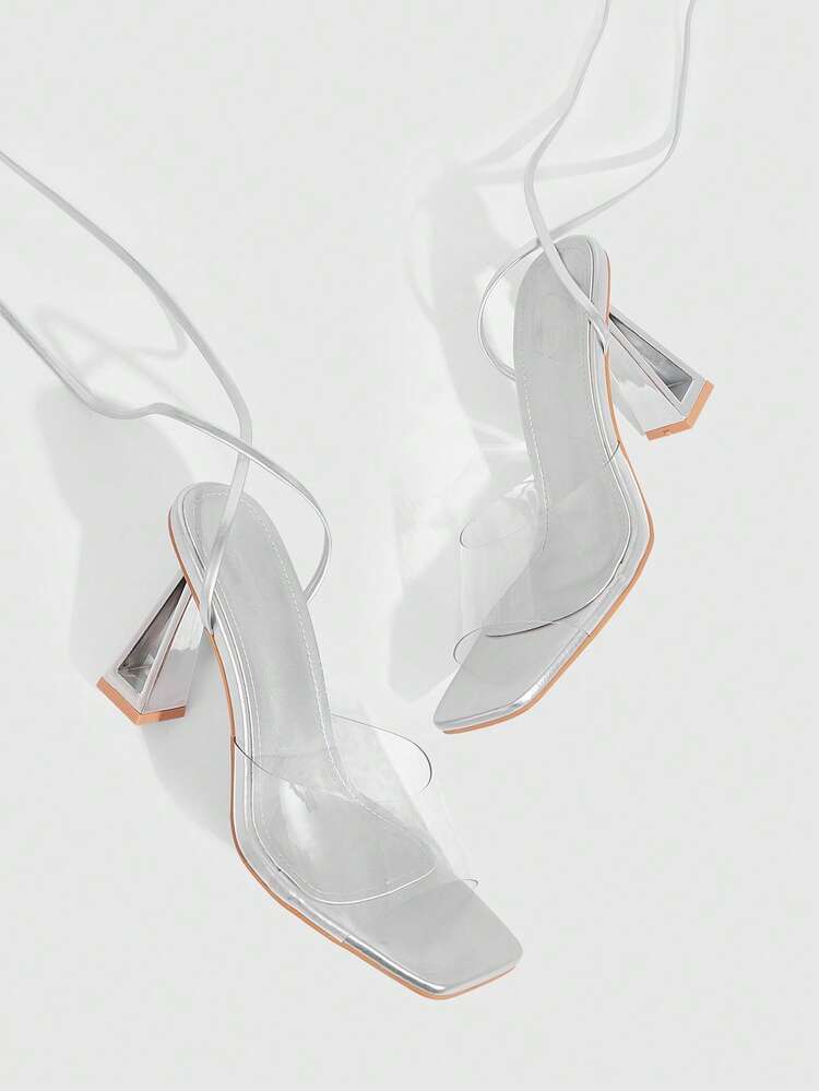 CUCCOO SZL Women's Square Toe Metal Asymmetric High Heel Silver Thin Strap Tie-Up Transparent Strap Fashionable Sexy Party Nightclub Ladies High Heel Open Toe Sandals Prom Heels