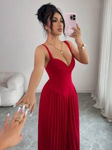 Elenzga Elegant Urban Chic New Women's Burgundy Heart Neck Sleeveless Pleated Slim Ankle-Length Jumpsuit, Suitable For Daily Wear, Weddings, Galas, Commuting, Graduation Parties, Holidays, Dates, Parties, Halloween, Christmas, New Year, Thanksgiving, Weddings - Red - View 5