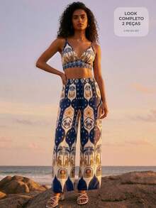 CAJUNI Set di canotta corta e pantaloncini con stampa di palme, adatto per vacanze - Multicolore - Visualizzare 5