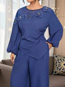 Modelyn Plus Size Women Royal Blue 3D Floral Decor Asymmetrical Hem Lantern Sleeve Shirt And Wide Leg Pants, Autumn Elegant 2 Pieces Set Casual Outfit - Blue - View 6