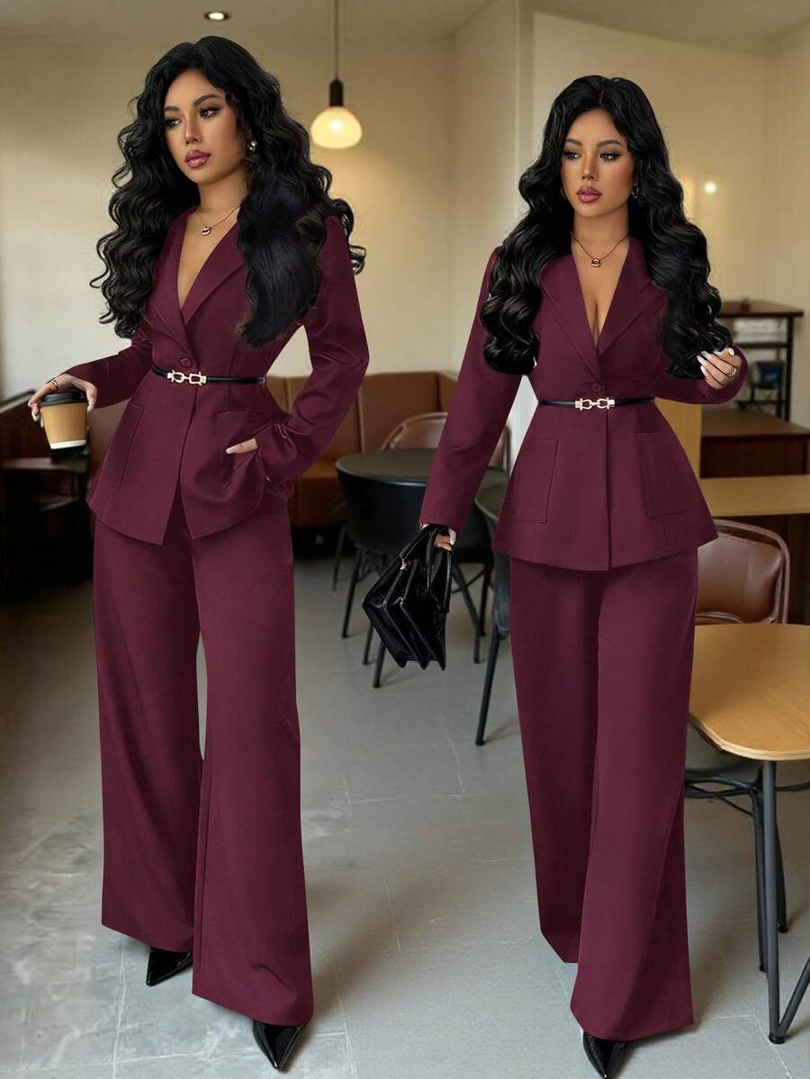 SHEIN Raffinéa 女士纯色西装套装，时尚通勤女装套装，女士两件套，正式女装套装，商务女装两件套，女士服装套装，商务休闲女装两件套，女士两件套套装，正式舞会女装套装，女士套装，商务女装裤装 - 玫紅色 - 查看 1