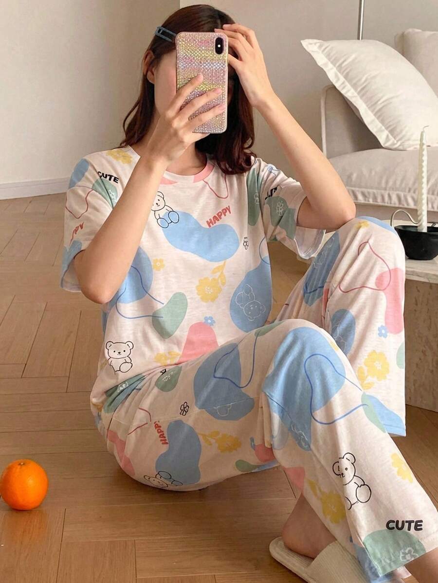 SHEIN 青少年女孩夏季可愛睡衣,熊圖案居家服,家庭配色拼色睡衣夏季套裝 - 彩色 - 查看 1