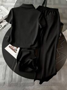 Resyla Embroidered Minimalist Women's Polo Collar T-Shirt + Pants 2-Piece Set, Gift For Friends - Black - View 2