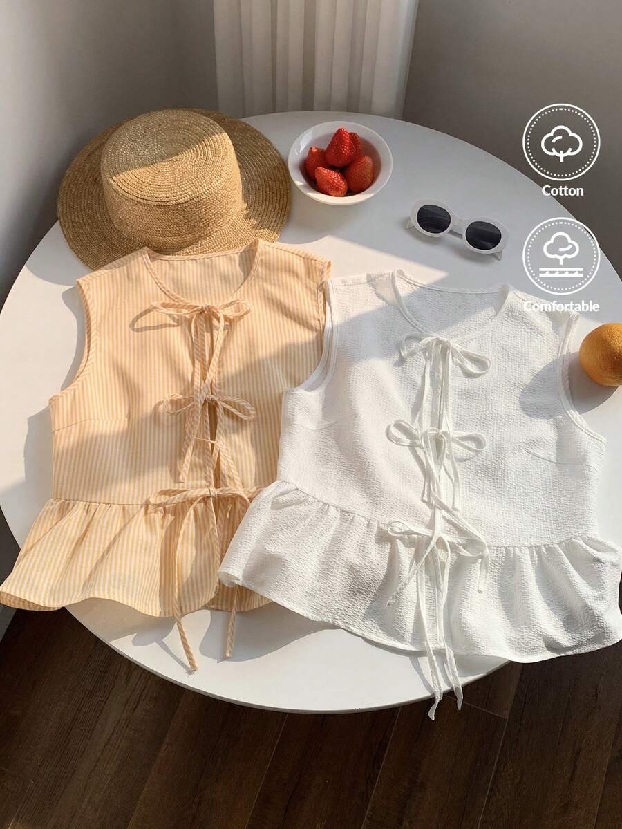 CovetEZ Women's Round Neck Tie Front Ruffle Hem Sleeveless Blouse - Yellow - View 1