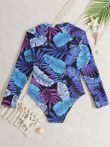 SHEIN 随机印花女童连体泳衣，夏季新品。黑色纯色拼接度假风，采用黑白棕榈树图案面料，贴身设计凸显身材，风格独特。黑白极简都市风，适合女孩度假、海滩、游泳、水上乐园等场合穿着。长袖拉链设计，方便穿脱，更好地保护皮肤。也适合冲浪。 - 彩色 - 查看 2