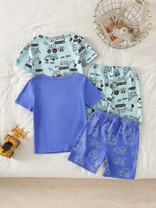 4件套 男童可爱卡通挖掘机和汽车印花休闲舒适贴身短袖短裤睡衣套装 - 淺藍色 - 查看 2
