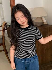 DAZY Girls (Small) Round Neck Striped Short Sleeve Casual T-Shirt, Fall - Black and White - View 3