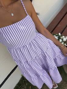 MainGRL 紫色条纹针织吊带连衣裙，女士夏季连衣裙，吊带连衣裙，紫色连衣裙 - 紫色 - 查看 8