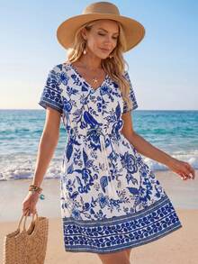 Sylviya Vestido casual de mujer con estampado floral, cuello en V, manga corta y cintura con cordón con borlas - Azul - Ver 4