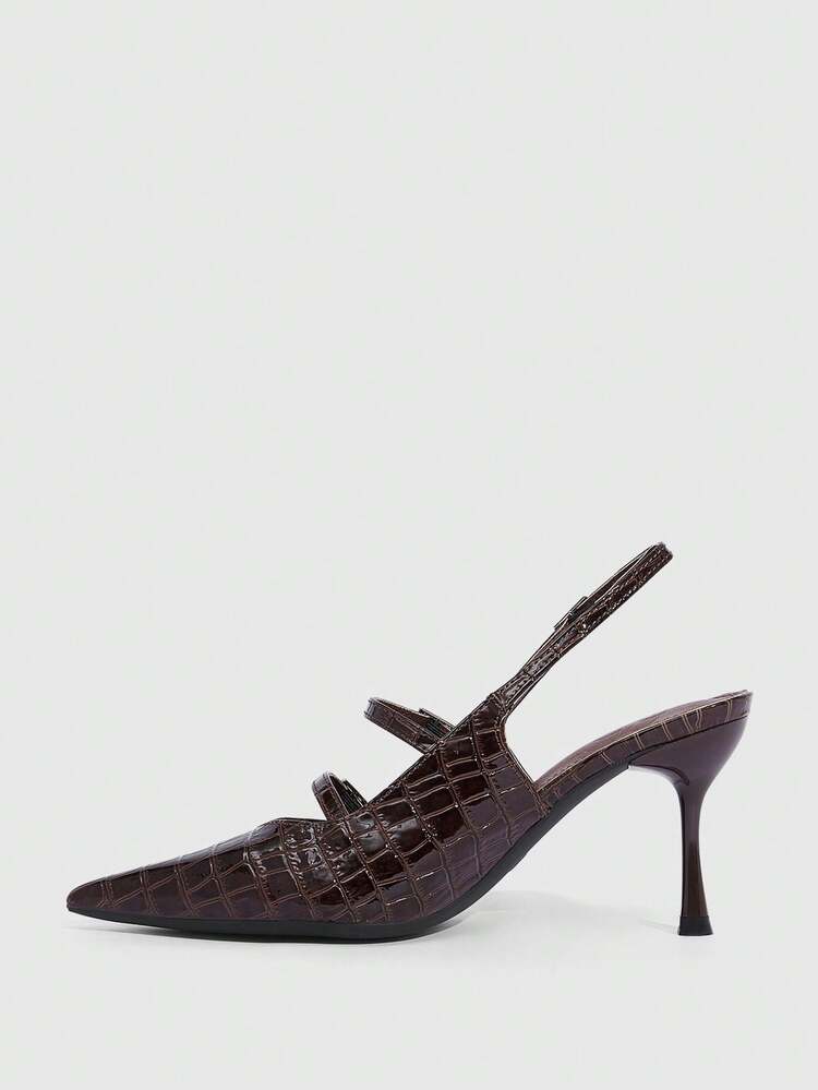 CUCCOO SZL Women's Black Patent Leather Pointed Toe Rhinestone Square Buckle Double Strap Backless Sexy Fashion High Heel Pumps