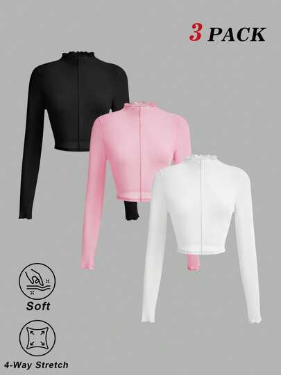 SHEIN MOD 3 piezas Blusa casual de manga larga con cuello de volantes de unicolor para mujer, estilo primavera/verano, top transparente de malla, estilo occidental, estilo retro, estilo de los 70, para vacaciones en la playa, uso casual diario, estilo Y2K, elegante, para usar en cumpleaños, fiestas, clubes, citas, con estilo occidental