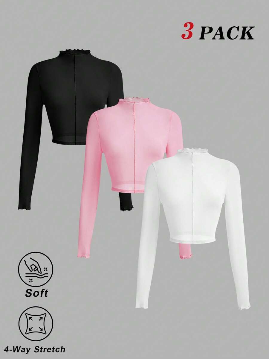 SHEIN MOD 3件套女士纯色荷叶边领长袖休闲上衣,春夏款,网纱透视上衣,西部风,复古风,70年代风,适合海滩度假、假日、日常休闲穿着,Y2K风格,时尚百搭,生日派对、夜店、约会等场合皆宜。 - 彩色 - 查看 1