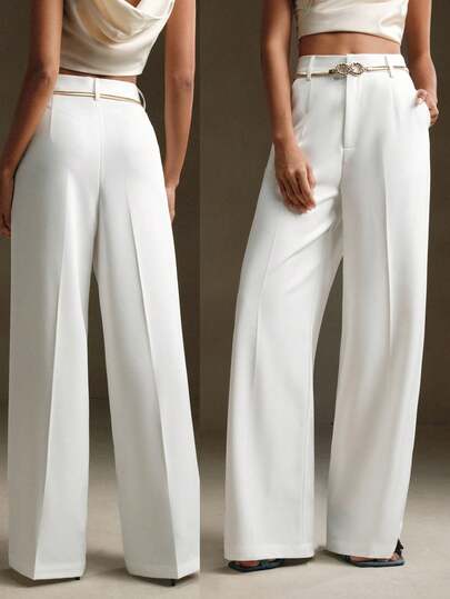 Anewsta Petite Spring New White Suit Pants, Modern Urban Solid Color Metal Belt Decor Pocket Suit Pants