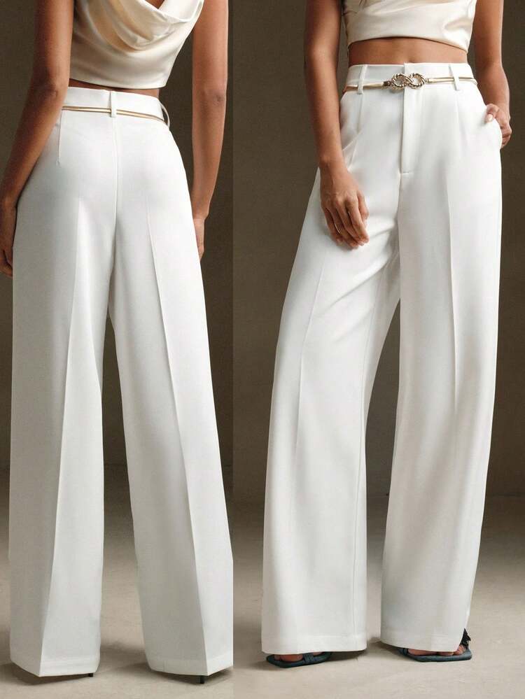 Spring New White Suit Pants, Modern Urban Solid Color Metal Belt Decor Pocket Suit Pants