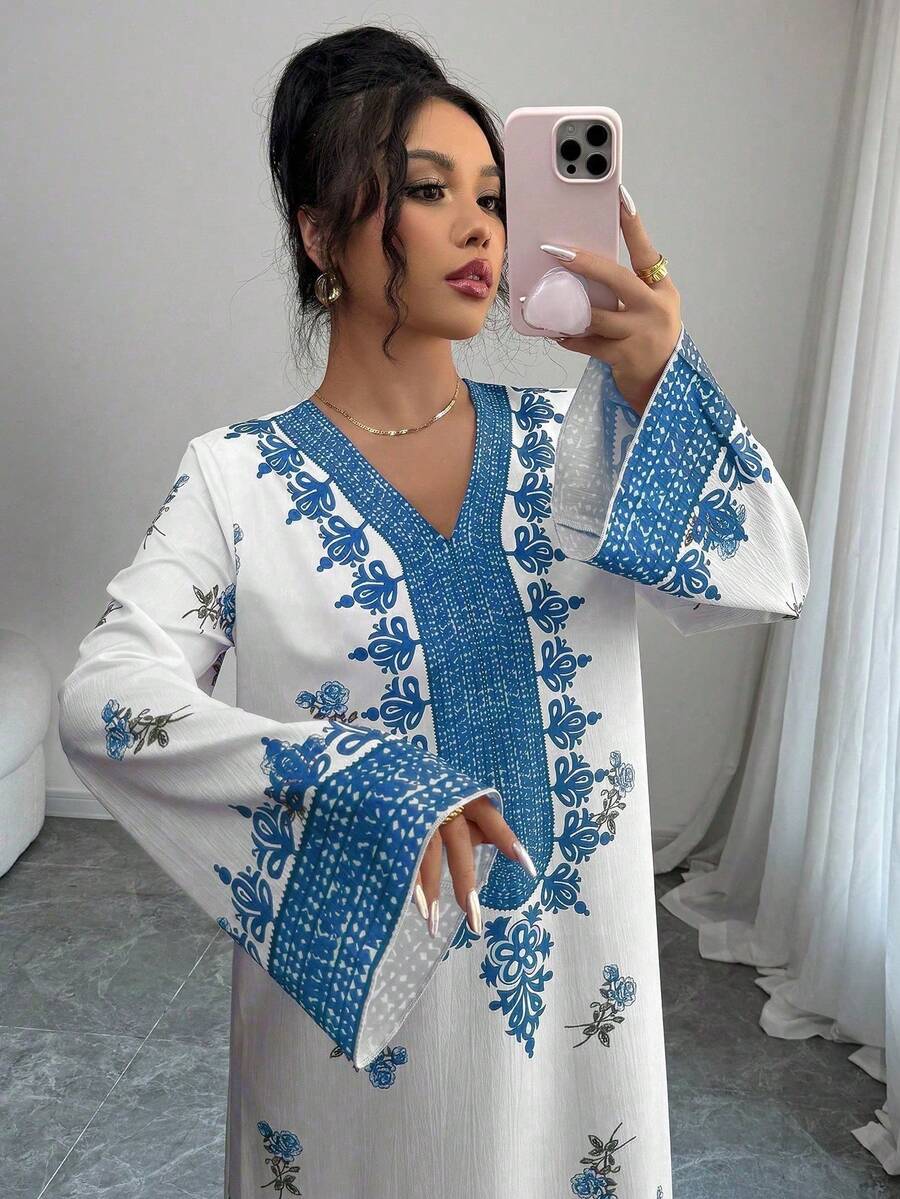 Yasmyna Women's Loose Fit Printed Long Sleeve Arabic Style Dress Mediterranean Al-Adha Summer Caftan Boho Tops Tunic Blouse Long Summer Dress - Blue - View 1