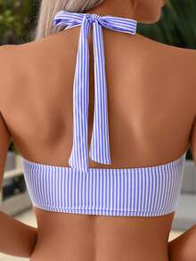 Swim Mod Springbreak 女士夏季沙滩条纹随机印花交叉露背系带比基尼上衣和拼接比基尼下装两件式泳衣 条纹两件式泳衣 - 彩色 - 查看 4