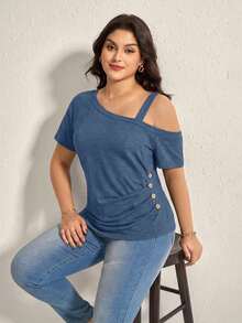 Comfylo Plus Size Solid Color Asymmetric Shoulder Pleated Casual Versatile Summer T-Shirt - Cadet Blue - View 7