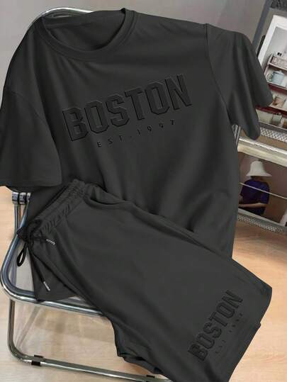 Resyla Men's Casual Letter Embossed Round Neck Short Sleeve T-Shirt And Shorts Set, Summer