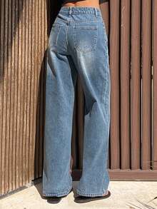 DAZY 休闲水洗水钻直筒女式牛仔裤 - 藍色 - 查看 2