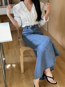 DAZY 女士常规腰长款鱼尾裙，优雅水洗弹力修身牛仔裙 - 中等水洗藍 - 查看 3