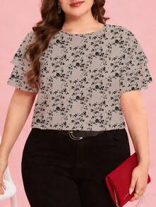 Reflora Plus Size Ditsy Floral Round Neck Short Sleeve Casual Elegant Summer Blouse - Multicolor - View 1