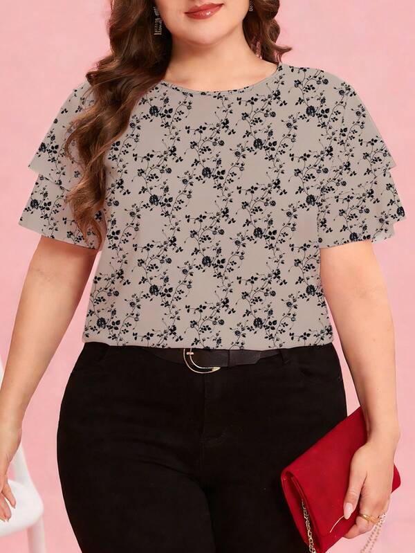 Reflora 大码碎花圆领短袖休闲优雅夏季衬衫