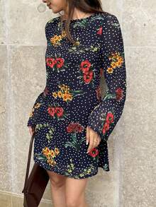 Pariaura Women's Polka Dot Rose Flower Backless Bow Tie Dress, Spring/Autumn Dress, Navy Blue Dress, Suitable For Festivals, Dates, Gatherings - Navy Blue - View 2