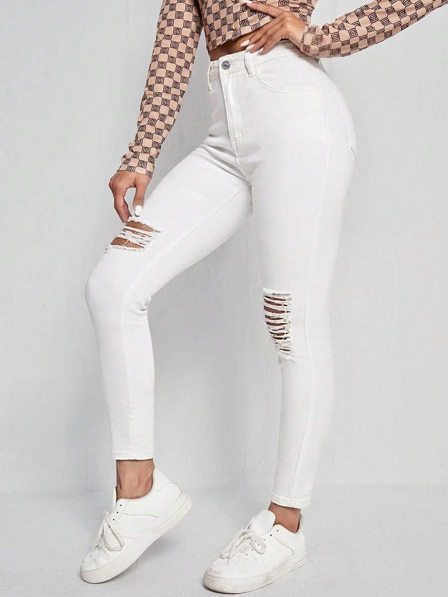 SHEIN ICON Celana Jeans Skinny Fit Kasual Serbaguna Warna Polos dengan Efek Sobek - Putih - View 1