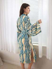 Ocili 女士柔软条纹抓绒睡袍，家居服睡衣 - 彩色 - 查看 3