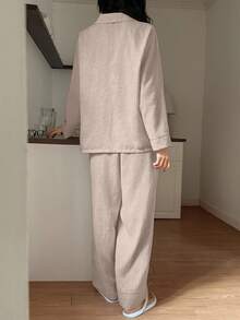 DAZY 2pcs Solid Color Loose Cardigan Long Sleeve Top And Straight Leg Long Pants Pajama Set, Spring Women - Khaki - View 2