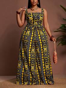 Veslaya 2026早春新款加大码女装，适合音乐节、复活节、西部风、游牧风格等场合，包括生日派对、毕业典礼、节日庆典、优雅宴会、舞会、日常通勤和休闲穿着。套装包含宽肩带几何印花露脐上衣和阔腿裤。 - 黃色 - 查看 1