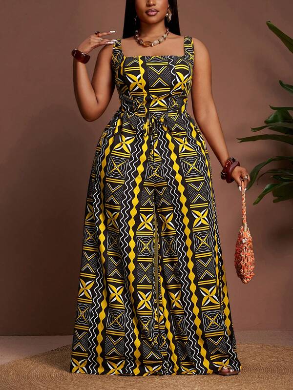 Veslaya 2026 Early Spring Plus Size Women's New Music Festival, Easter, Western, Nomadic Style Outfit, Suitable For Birthday Party, Graduation, Festivals, Elegant Banquet, Ball, Daily Commute, Casual Wear. Includes Wide Strap Geometric Print Crop Top And Wide Leg Pants Set, Summer Outfits