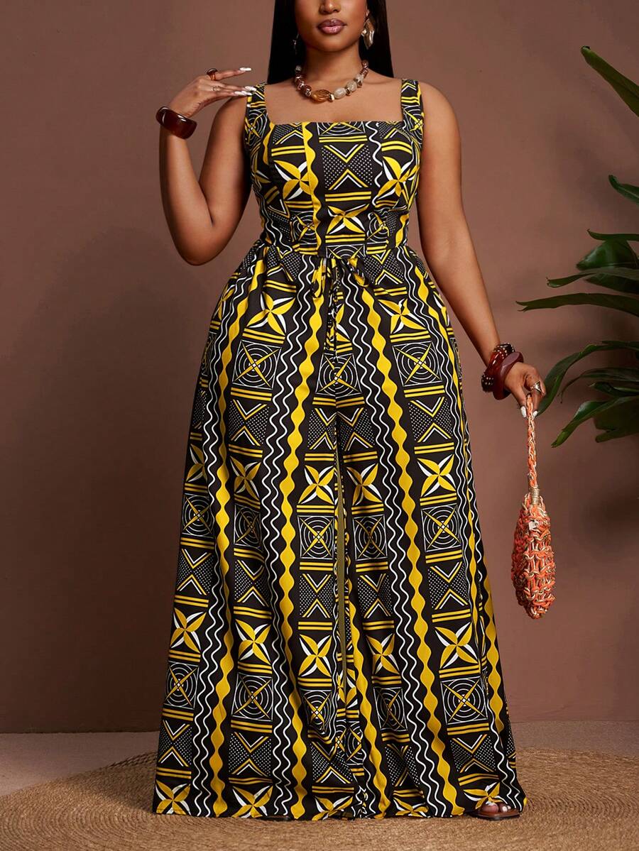 Veslaya 2026早春新款加大码女装，适合音乐节、复活节、西部风、游牧风格等场合，包括生日派对、毕业典礼、节日庆典、优雅宴会、舞会、日常通勤和休闲穿着。套装包含宽肩带几何印花露脐上衣和阔腿裤。 - 黃色 - 查看 1