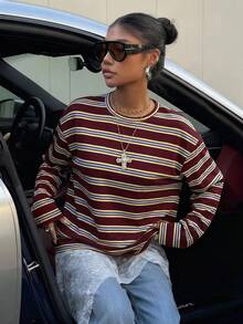 Muchica 大码宽松圆领落肩长袖条纹T恤 - 酒紅色 - 查看 4