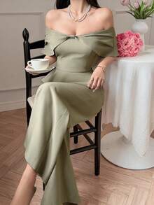 DAZY Setelan 2 Potong Wanita Elegan Warna Polos, Atasan Camisole Bahu Terbuka dengan Hiasan Ruffle dan Celana Panjang Lebar, Musim Panas - Hijau - View 3