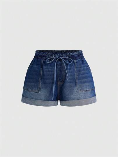 ROMWE 大码复古水洗宽松舒适基础款弹力腰牛仔超短裤