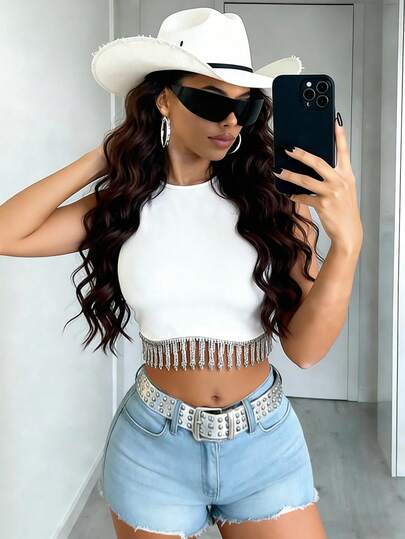 INAWLY Sexy Fringed Rhinestone Chain Decorated Women Tank Top