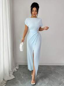 Elenzga Elegant Urban Chic New Women's Light Blue Metal Ring Buckle High Waist Asymmetric Pleated Slit Fitted Ankle-Length Dress, Suitable For Daily Wear, Weddings, Galas, Commuting, Graduation Parties, Holidays, Vacations, Dates, Parties, Halloween, Christmas, New Year, Thanksgiving, Weddings - Blue - View 4