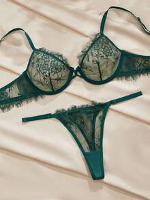 Charlaine 2pcs Lace Sexy Underwire Bra Set For Women - Dark Green - View 3