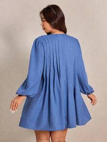 Elaquor 大码纯色缺角领系带长灯笼袖褶皱优雅连衣裙 - 藍色 - 查看 3