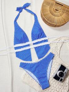 Bonvoyette-D Blue & White Plaid Random Print Frill Halter Tie Back Casual Cute Beach Tankini Swimwear For Women, Spring/Summer - Blue and White - View 4