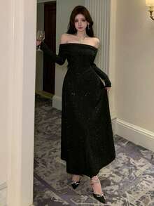 FRIFUL Đầm dài dáng chữ A ôm sát, hở vai, bóng bẩy, kiểu dáng dự tiệc, ngọt ngào dành cho nữ. - màu đen - Xem 7