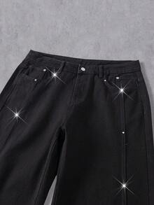 Manfinity Denimwave Casual Distressed Black Straight Loose Fit Maxi Jeans With Rivet Patchwork, Autumn/Winter - Black - View 4