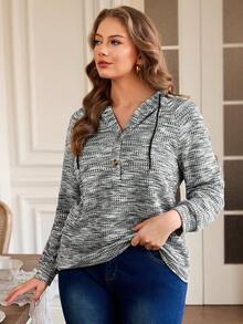 Rosumi Plus Size Women's Hooded Drawstring Button Waffle Fabric Loose Casual Sweatshirt, Autumn & Winter Sweatshirts Christmas Holiday - Multicolor - View 7