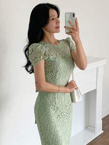 DAZY 女士收腰修身蕾丝泡泡袖中长连衣裙夏季吊带裙 - 綠色 - 查看 3